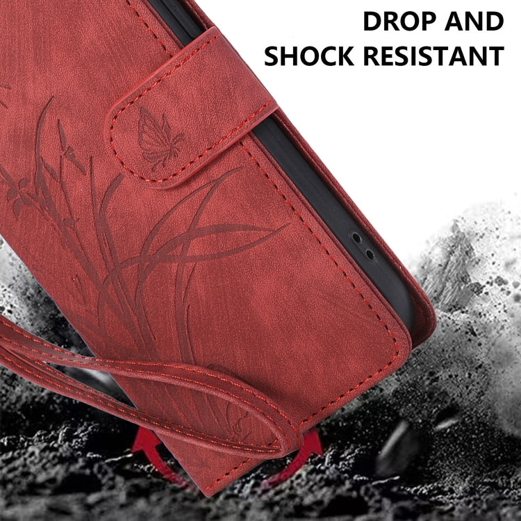 Red Orchid Butterfly Embossed Leather Phone Case for iPhone XS Max, showcasing its elegant design and functional features.